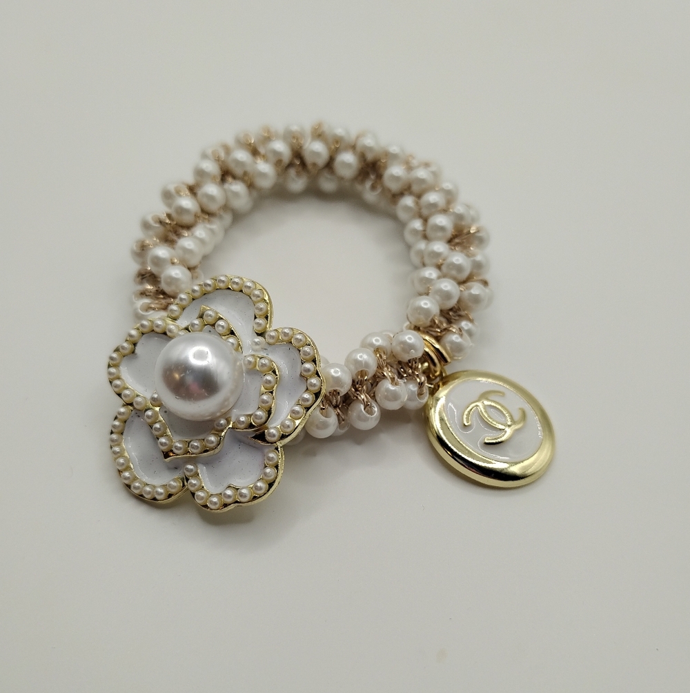 CHANEL Gold and White Pearl Camellia Charm Bracelet Comes With It's Box - Picture 2 of 3